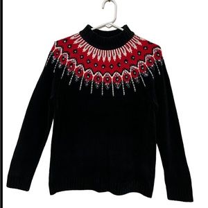 JENNIFER MOORE BLACK RED AND CREAM SEQUIN EMBELISHED MOCK NECK SWEATER S…